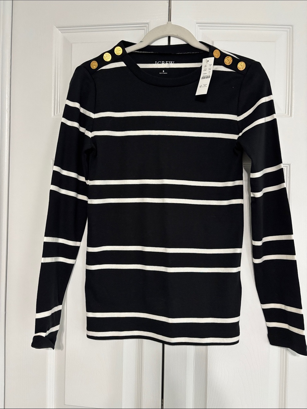 J. Crew Black & White Striped Long-Sleeve Top with Gold Buttons